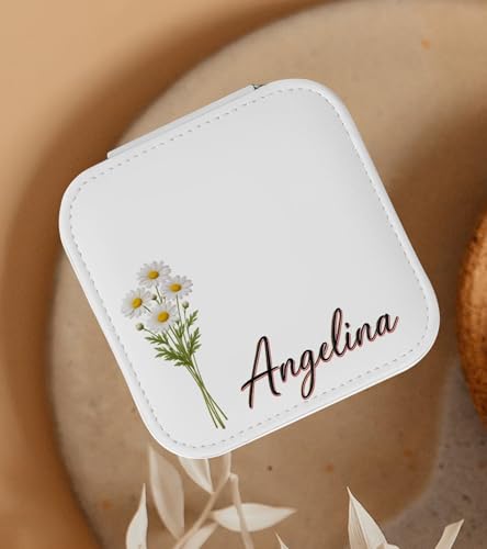 Personalized Birth Flower Jewelry Box for Women, Custom Name Leather Travel Jewelry Organizer Case, Mothers Day Gift for M...