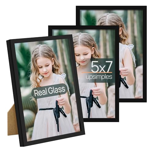 upsimples 5x7 Picture Frame Set of 3, Made of High Definition Glass for 5 x 7 Black Frames, Wall and Tabletop Display Thin...