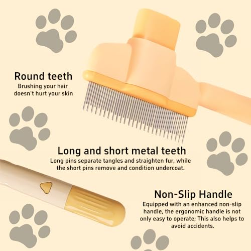 TemApex 2PCS Pet Comb for Dogs & Cats with Long & Short Stainless Steel Metal Teeth for Shedding and Tangles, Self-Cleanin...