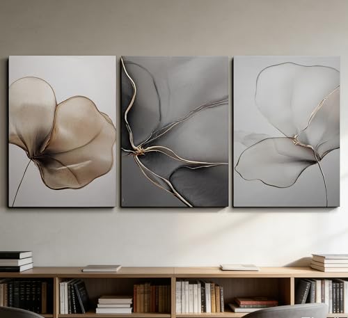 Abstract Floral Canvas Wall Art - Minimalist Gold Line Petal Picture Wall Decor - Modern Neutral Botanical Print Artwork f...