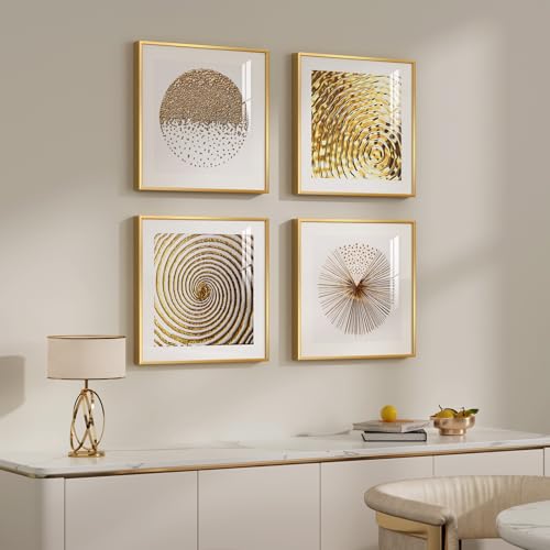 Framed Gold Modern Wall Art Prints, Set of 4 Piece Abstract Geometric White and Gold Wall Decor, Minimalist Contemporary G...
