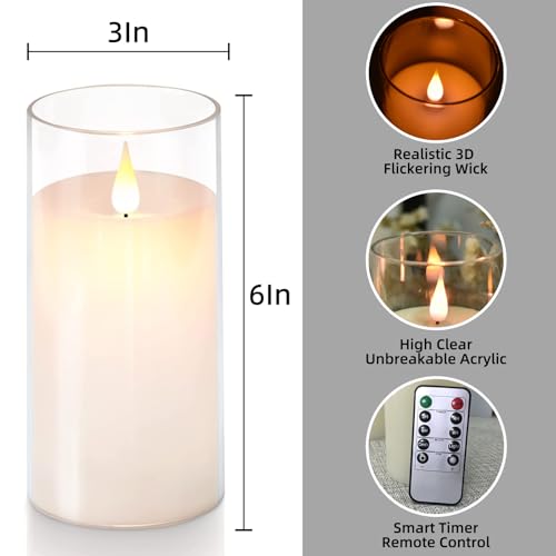 NICEME Flickering Flameless Candles with Remote Control Timer Unbreakable Acrylic Battery Operated LED Candles with Flicke...