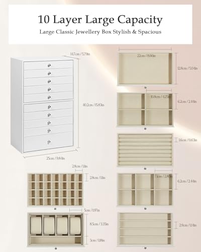 GUKA Large Jewelry Box, Jewelry Case with 10 Drawers for Big and Small Jewelry, Jewelry Storage Organizer for Watch Earrin...