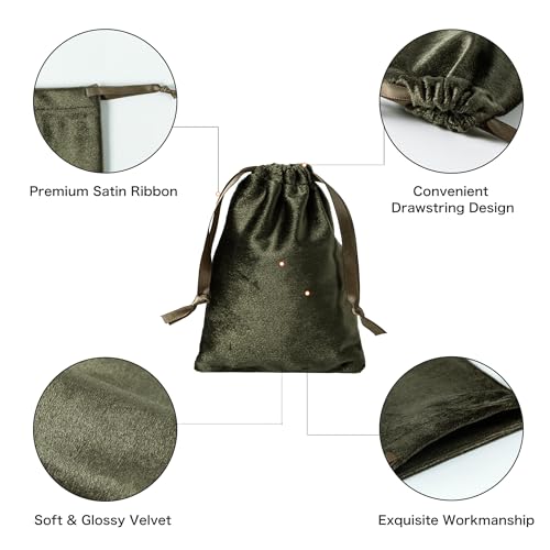QIANF 12pcs Moss Green Velvet Drawstring Bags 3x4 inches Glossy Small Velvet Cloth Gift Bags Jewelry Pouches for Jewelry S...