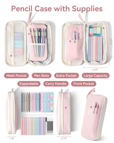 Four Candies 39 PCS Aesthetic School Supplies with Cute Pen Case, 12 Pastel Highlighters, 5 Black Ink Gel Pens, 6 Mechanic...