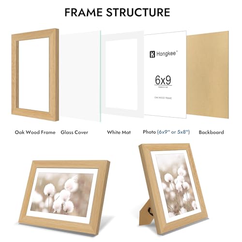 Hongkee 6x9 Oak Wood Picture Frame, Display Photos 5 x 8 with Mat or 6 x 9 without Mat - Tempered Glass Cover, Horizontal ...