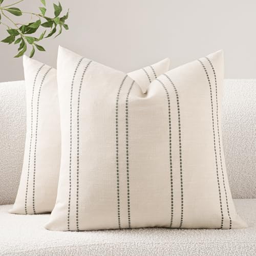 HOMFINER Decorative Throw Pillow Covers 20x20 Inch Set of 2 Linen Striped Accent Neutral Beige Farmhouse Boho Square Cushi...