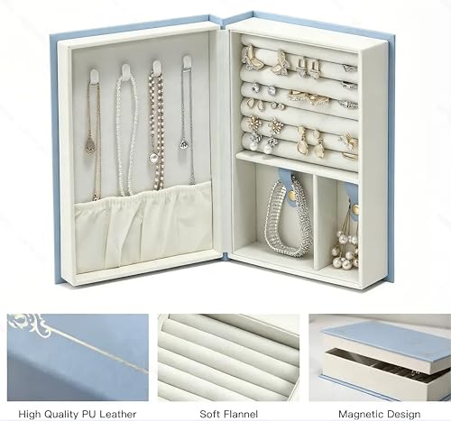 Misslanonly Jewelry Organizer Box Book, PU Leather Travel Jewelry Case with Magnetic Closure, Double-Sided Storage for Ear...