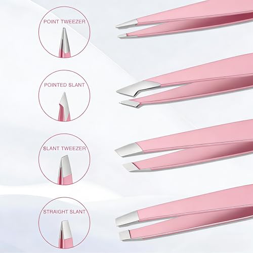 Tweezers for women facial hair, Stainless Steel Pink Tweezers Set for Eyebrows, Facial Hair, Splinter & Ingrown Hair Remov...