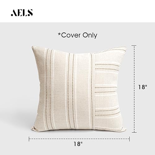 AELS 18x18 Decorative Farmhouse Linen Throw Pillow Covers, Boho Textured Pillow Case, Set of 2, Beige with White & Brown S...