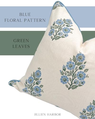 Jillien Harbor “The Camille” Floral Block Print Pillow Cover – Soft Blue and White Decorative Throw Pillow Cover – Grandmi...