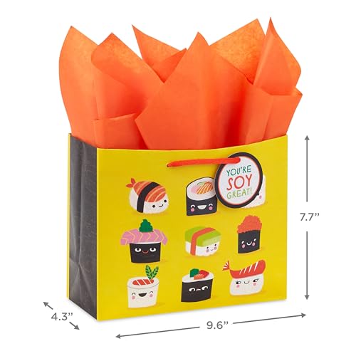 Hallmark 7" Medium Horizontal Gift Bag with Tissue Paper and Gift Tag (Sushi, You're Soy Great!) for Birthdays, Graduation...