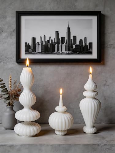 Ribbed Pillar Candles Set of 3，Modern Aesthetic Decorative Candle Set Cute Soy Wax Scented Ribbed Decor for Home Bathroom ...