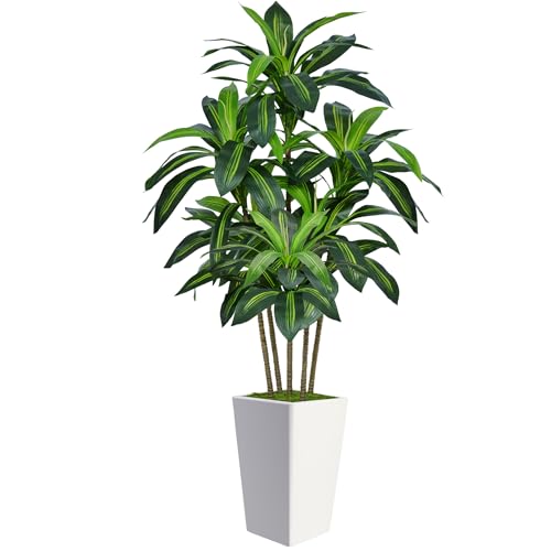 6FT Artificial Dracaena Tree, Fake Tree Indoor with White Tall Planter,Tall Artificial Plants Indoor,Artificial Silk Tree ...