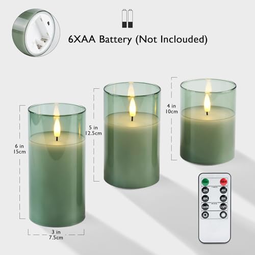 Amagic Green Glass Flameless Candles with Remote and Timer for St. Patrick's Day, Real Wax Battery Operated Candles, Flick...