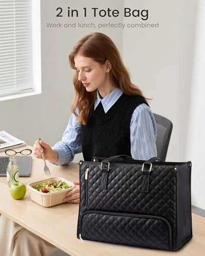 LOVEVOOK Lunch Tote Bag for Women, 15.6 Inch Laptop Bag with Insulated Lunch Compartment, Quilted Large Capacity Computer ...