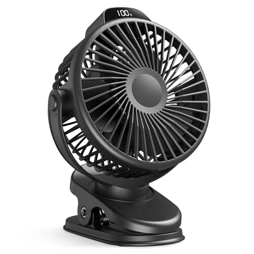 Koonie Portable Clip On Fan, Small Rechargeable Battery Operated, 3 Speed Mini clamp Fan With LED Display, 360° Rotate Per...