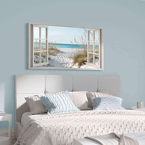 Window Beach Wall Art Prints: Modern Large Tropical Coastal Landscape Canvas Bedroom Blue Ocean Picture Relaxing Living Ro...
