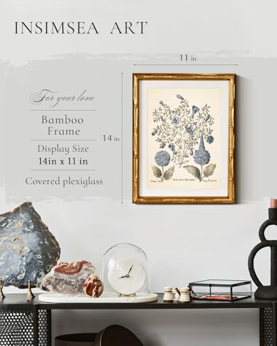 InSimSea Gold Bamboo Framed Canvas Wall Art, Retro Blue Hydrangea Botanical Prints, Antique Flowers Picture Frame with Ma...