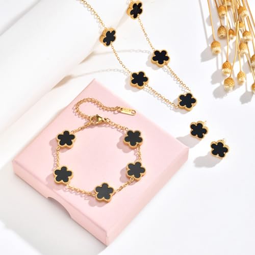 Gold Necklaces Bracelets Earring Set - 18K Gold Plated Flower Bracelet Chain,Stainless Steel Non Tarnish Floral Pendant St...