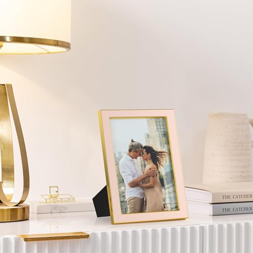 eletecpro 4x6 Enamel Picture Frame with Real Glass Cover, 1 Pack Pink Photo Frame with Gold Metal Edge, Horizontal and Ver...