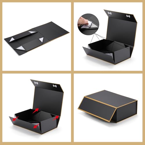 Magnetic Gift Box with Lids Ribbons and Gift Bag for Presents, 9.5x6x3" Black Gold Gift Box with Bag Set for Men Boys Him,...