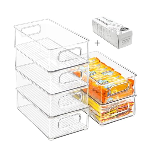 Stackable Refrigerator Organizer Bins, 6 Pack Clear Kitchen Organizer Container Bins with Handles and 20 PCS Plastic Bags ...