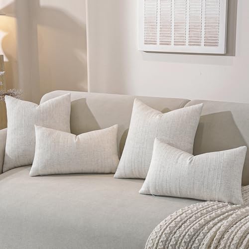 QDTTSRY Natural Linen Boho Throw Pillow Covers Set of 2-20x20 Inch Rustic Striped Farmhouse Decor Pillowcase, Breathable &...