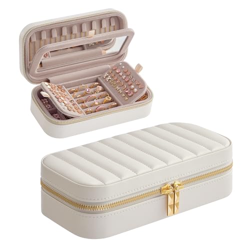 SONGMICS HOME Travel Jewelry Case, Travel Jewelry Box Organizer with Mirror, 4.1 x 8 x 2.4 Inches, Stitching, Portable, Gi...