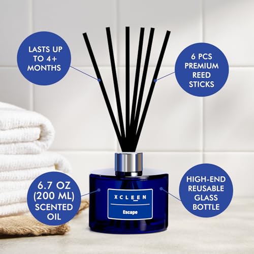 Xcleen Reed Diffuser, 6.7 Oz Escape Scented Diffuser with Sticks, Long Lasting Fragrance Air Freshener, Bathroom Shelf Decor
