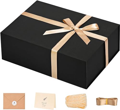 LIFELUM Gift Box 13.5''x10''x4'' Large Gifts Box with Magnetic Lids Black Gift Boxes for Mom Gifts Contains Card, Ribbon, ...