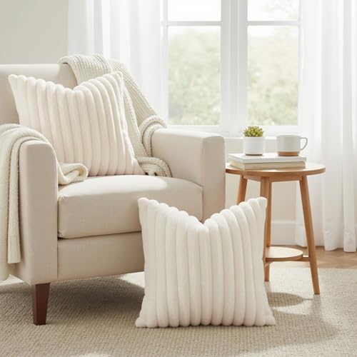 decorUhome Summer Cozy Faux Fur Throw Pillow Covers 18x18 Set of 2 Decorative Soft Plush Striped Modern Farmhouse Boho Cou...