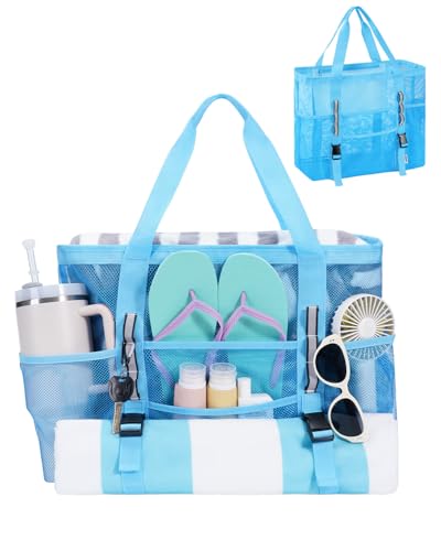 WANDF Mesh Beach Bag for Women, Large Beach Tote Bags with 40oz Tumbler Side Pockets, Family Pool Bag for Swim Toys Towels...