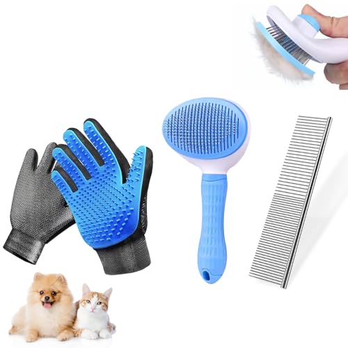FOR-HI Dog & Cat Brush,Pet Grooming Kit 4PCS- Dog Brush for Shedding| A Pair Pet Hair Removal Gloves| Metal Comb for dog.R...