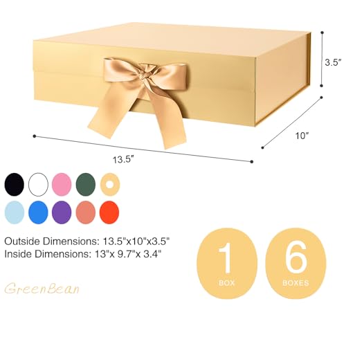 GREEN BEAN Large Gift Box with Lid for Present 13x9.7x3.4 Inches, Gold Magnetic Luxury Gift Box with Ribbon, Christmas Bri...