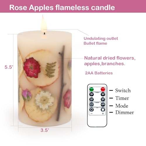 MIYA LIFE Apple Cinnamon Candles with Rose Petals - 3.5" x 6" LED Candle with Real Wax & Dried Flowers - Battery Operated ...