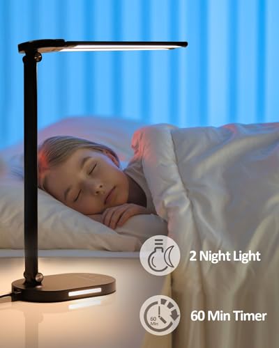 LED Desk Lamps for Home Office, 14W Bright Double Swing Arm LED Desk Lamp with USB Charging Port, Eye-Caring Task Lamp, De...