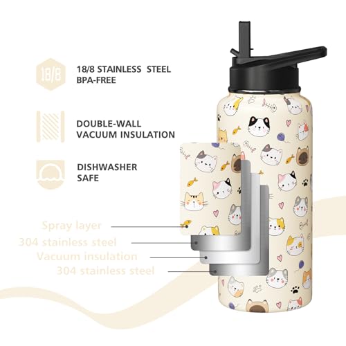 Sabobo 18oz Cats Water Bottles with Flip Straw & Spout Lid, Double Wall Stainless Steel Travel Sport Bottle, Cream Gym Gif...