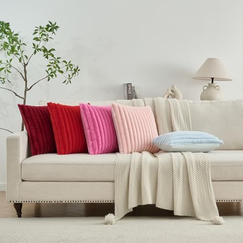 FUTEI Pack of 2 Solid Faux Fur Plush Throw Pillow Covers 18x18 Inch Soft Fluffy Striped Decorative Cushion Cases Modern Fa...