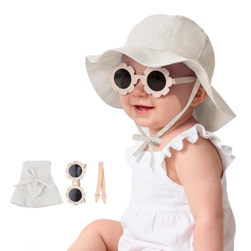 Durio UPF50+ Baby Sun Hat and Sunglasses - Sun Protection Hat for Boy Girl, Wide Brim Summer Beach Hats for Newborn Toddler