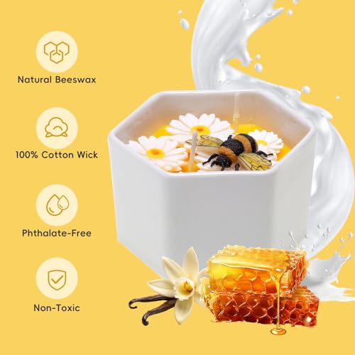 CabyGift Honey Scented Candle Gift for Women, 5.6 oz Natural Beeswax Candle with Bee & Daisy Decor, Cute Housewarming Birt...