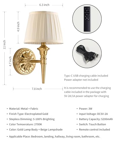 KDG Cordless Wall Sconces Set of 2, Small Wireless 5200mAh Rechargeable Battery Fabric LED Wall Lamps, Portables Lightings...