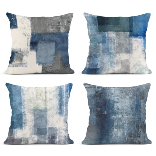 Emvency Set of 4 Throw Pillow Covers Blue and Grey White Art Artwork Contemporary Decorative Gray Cushion Sofa Bedroom Car...