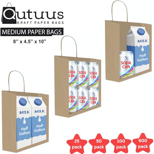 Qutuus Kraft Paper Gift Bags with Handles 8x4.5x10 25Pcs Brown Gift Bags Bulk Medium Size Small Business Bags, Party Bags,...
