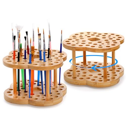 Foraineam 2 Pack Rotating Paint Brush Organizer Holder - 53 Holes Bamboo Display Drying Stand - Artist Watercolor Brush St...