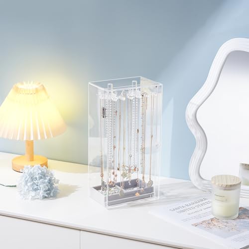 Lolalet Necklace Holder Organizer, Acrylic Jewelry Organizer with 24 Hooks, Rotating Clear Necklaces Display Box, Dust-pro...