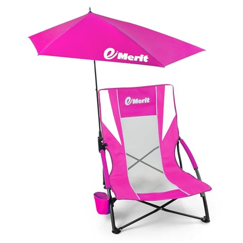 EMERIT Low Beach Chairs for Adults with Removable UPF 50+ Umbrella, Lightweight Folding Backpack Camping Chair with Cup Ho...