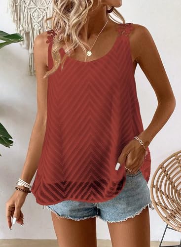 Womens Tank Tops Flowy Sleeveless Summer Boho Tank Top for Women Casual Crewneck Strap Lace Camisole Shirts