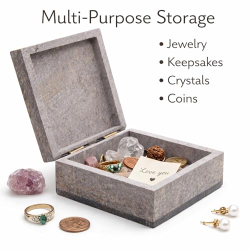 KC KULLICRAFT Hand Carved Marble Soapstone Square Shape Jewellery Box | Storage Organizer | Decorative Trinket Ornament Ho...