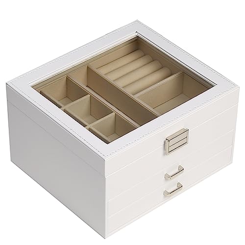 BOOVO Clear Lid Jewelry Box,3 Layers Jewelry Organizer Large Multi-Functional Jewelry Storage Box with 2 Drawers,Jewelry D...